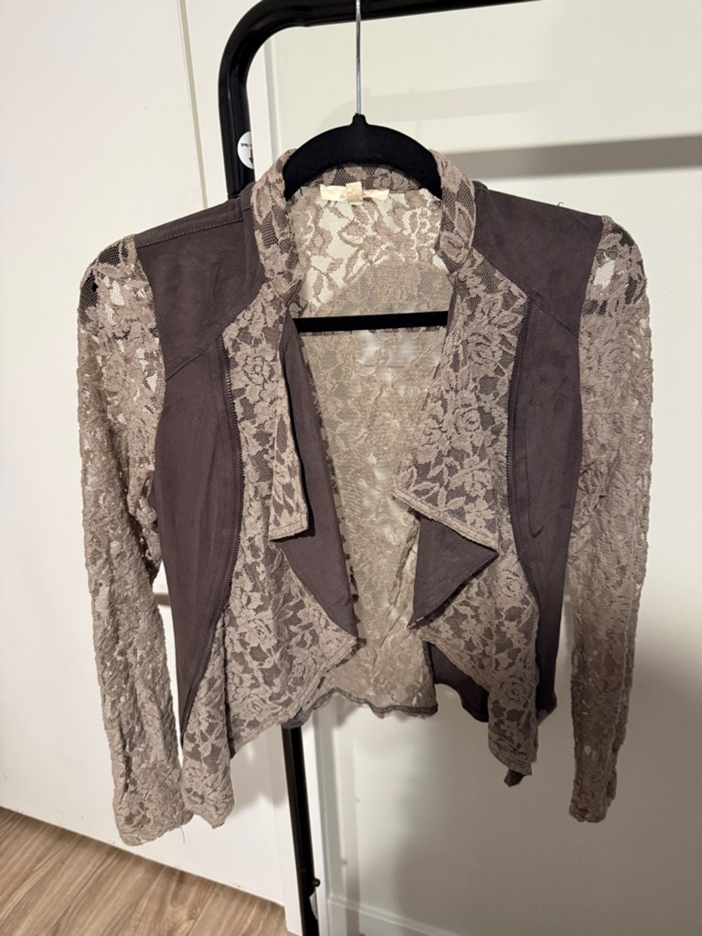 Mystree Taupe Lace Open-Front Jacket with Suede Panels